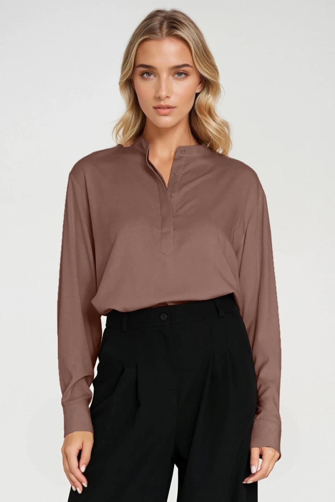 Love Lace Love Lace Women's Oversize Polo Neck Viscose Button Blouse in Brown