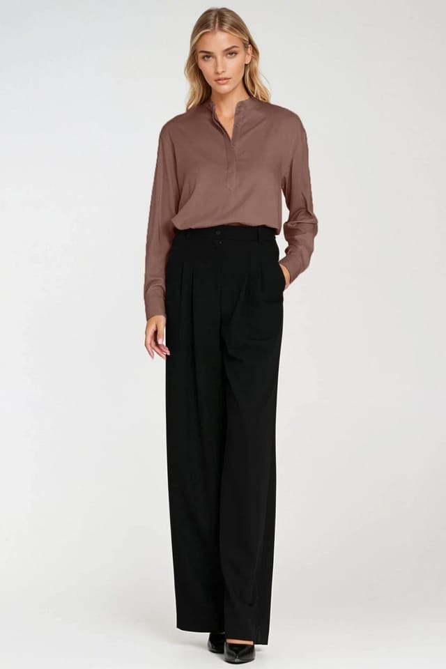 Love Lace Love Lace Women's Oversize Polo Neck Viscose Button Blouse in Brown - 2