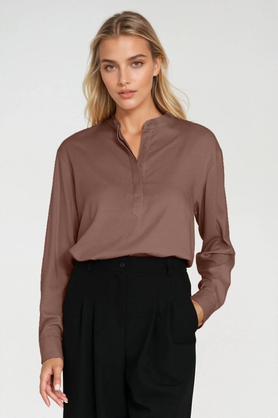 Love Lace Love Lace Women's Oversize Polo Neck Viscose Button Blouse in Brown - 4