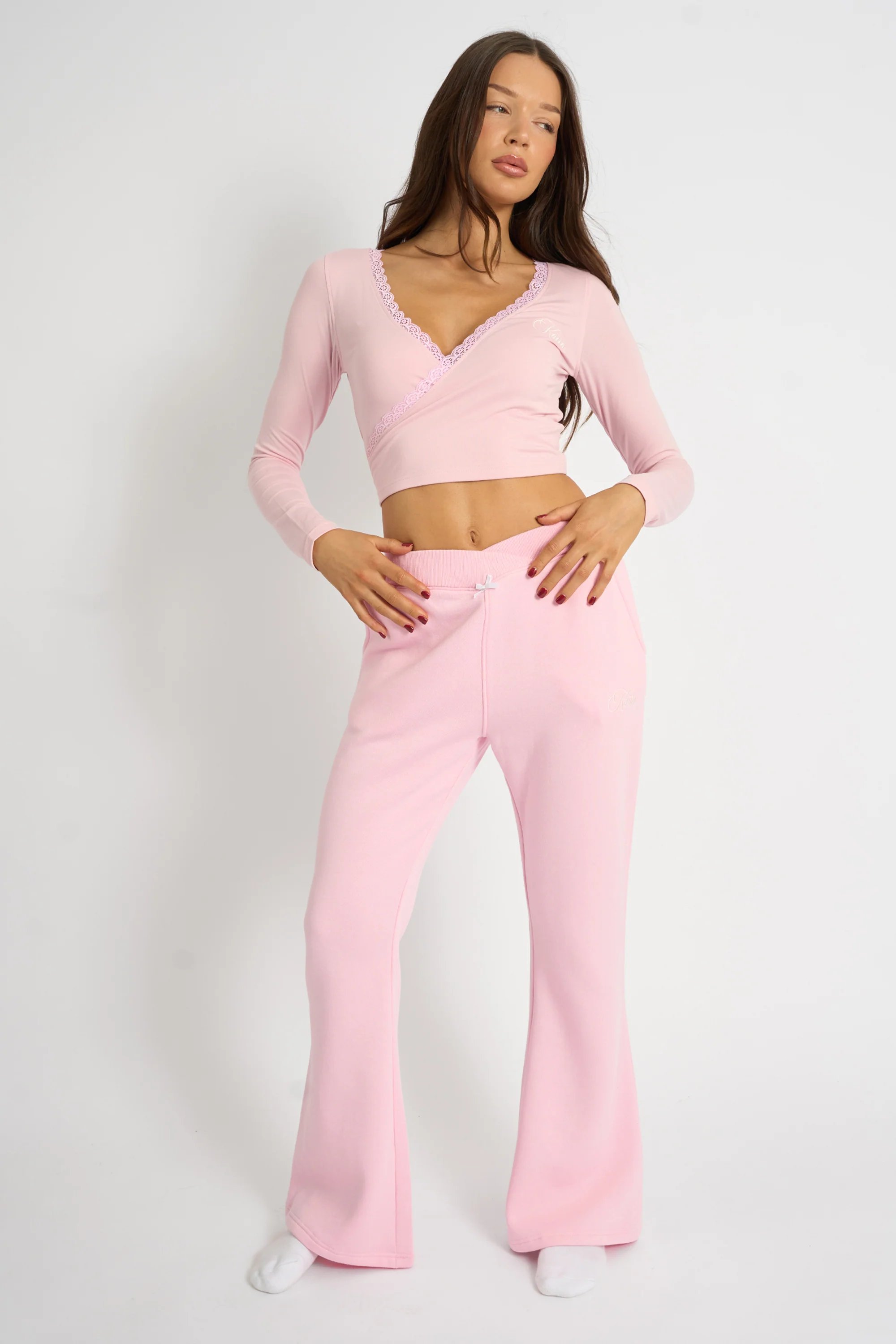 Kaiia Kaiia Lace Trim Wrap Long Sleeve Top Pink - 2