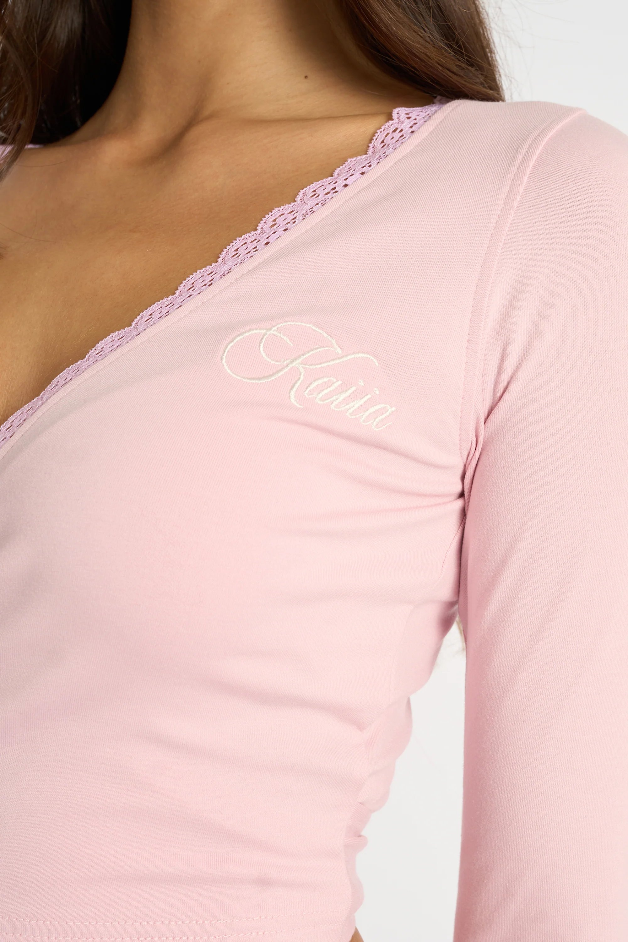 Kaiia Kaiia Lace Trim Wrap Long Sleeve Top Pink - 4