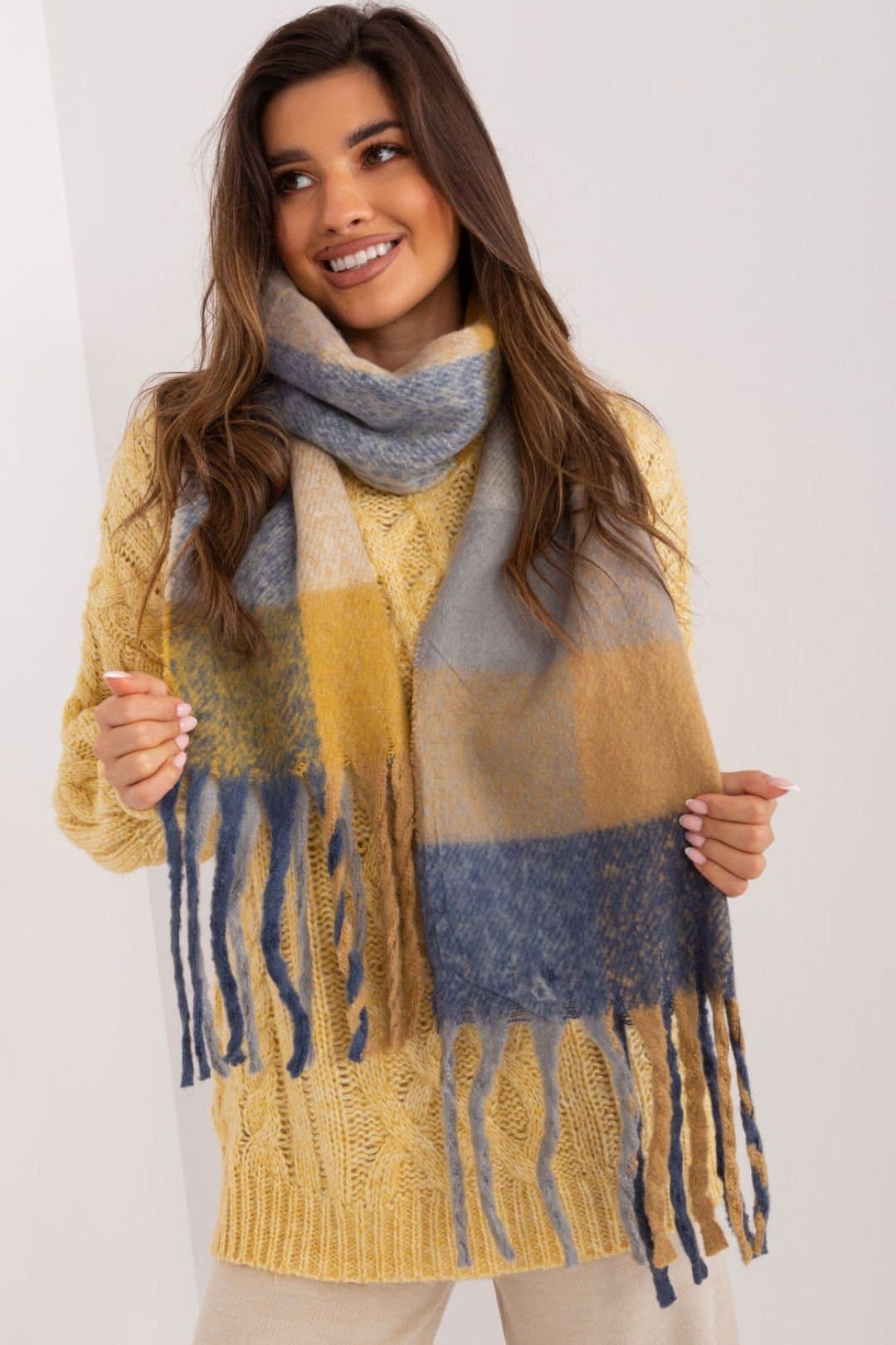 Love Lace Love Lace Women's Long Plaid Polyester Scarf with Tassels for Fall Winter in Mustard