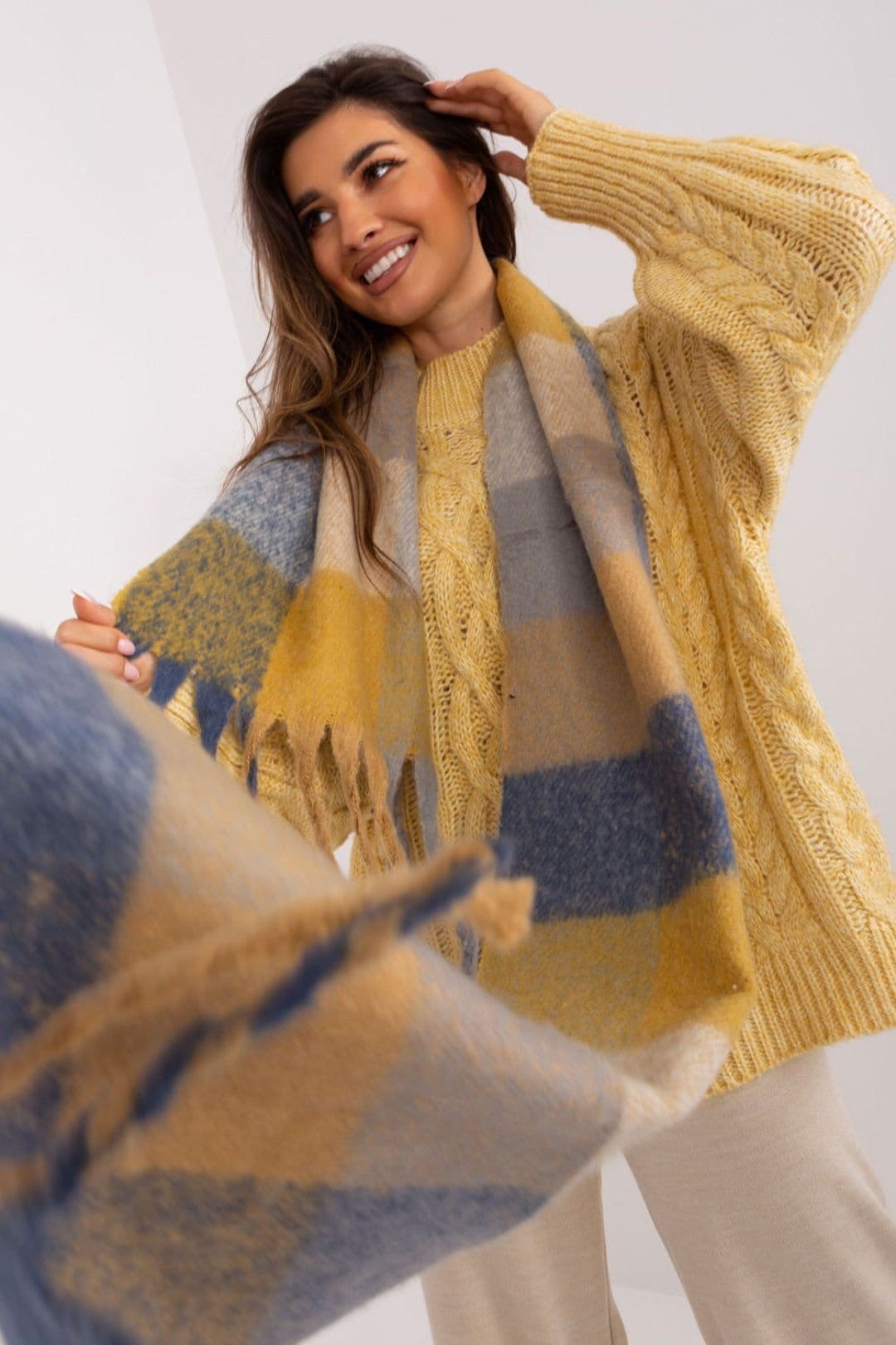 Love Lace Love Lace Women's Long Plaid Polyester Scarf with Tassels for Fall Winter in Mustard - 4