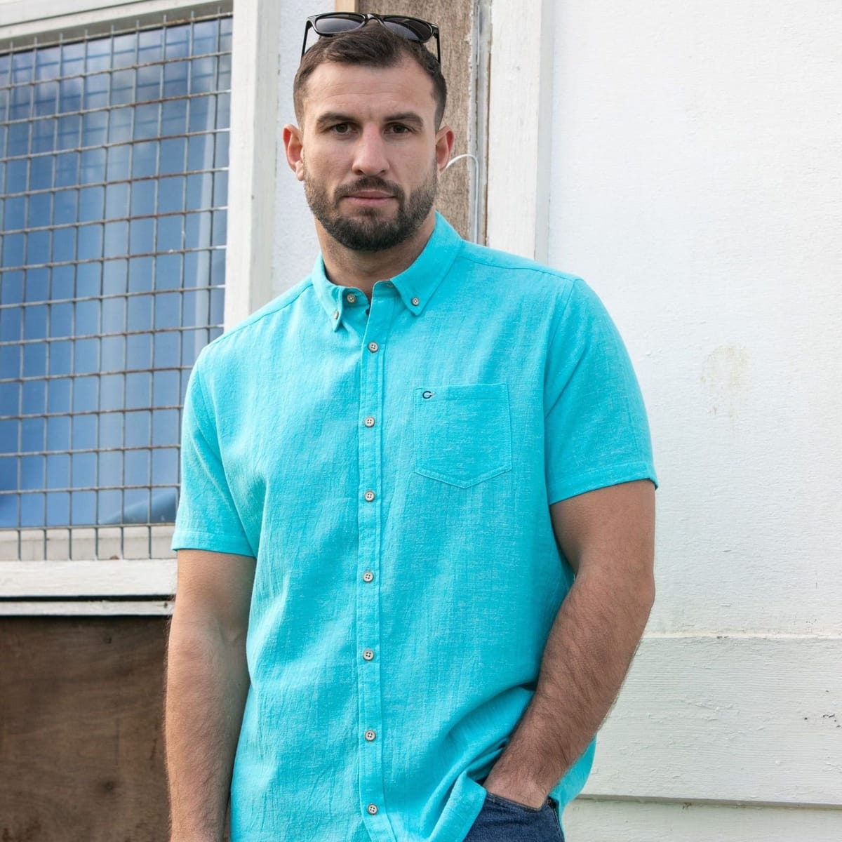 Peter Gribby Peter Gribby Men's Short Sleeve Linen Rich Shirt in Aqua - 1