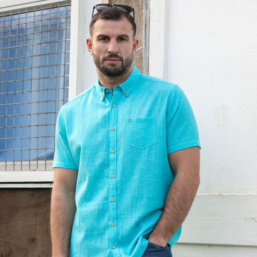 Peter Gribby Peter Gribby Men's Short Sleeve Linen Rich Shirt in Aqua - 1