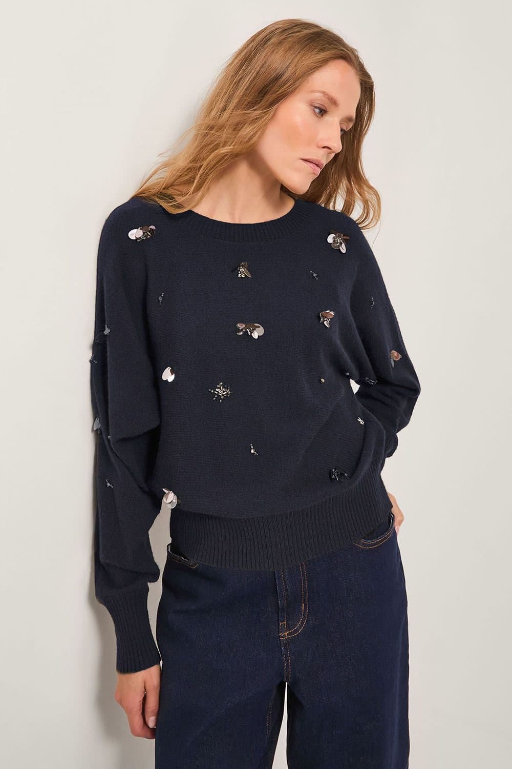 Monsoon Monsoon Women's Sable Sequin Embellished Jumper Blue in Dark Navy