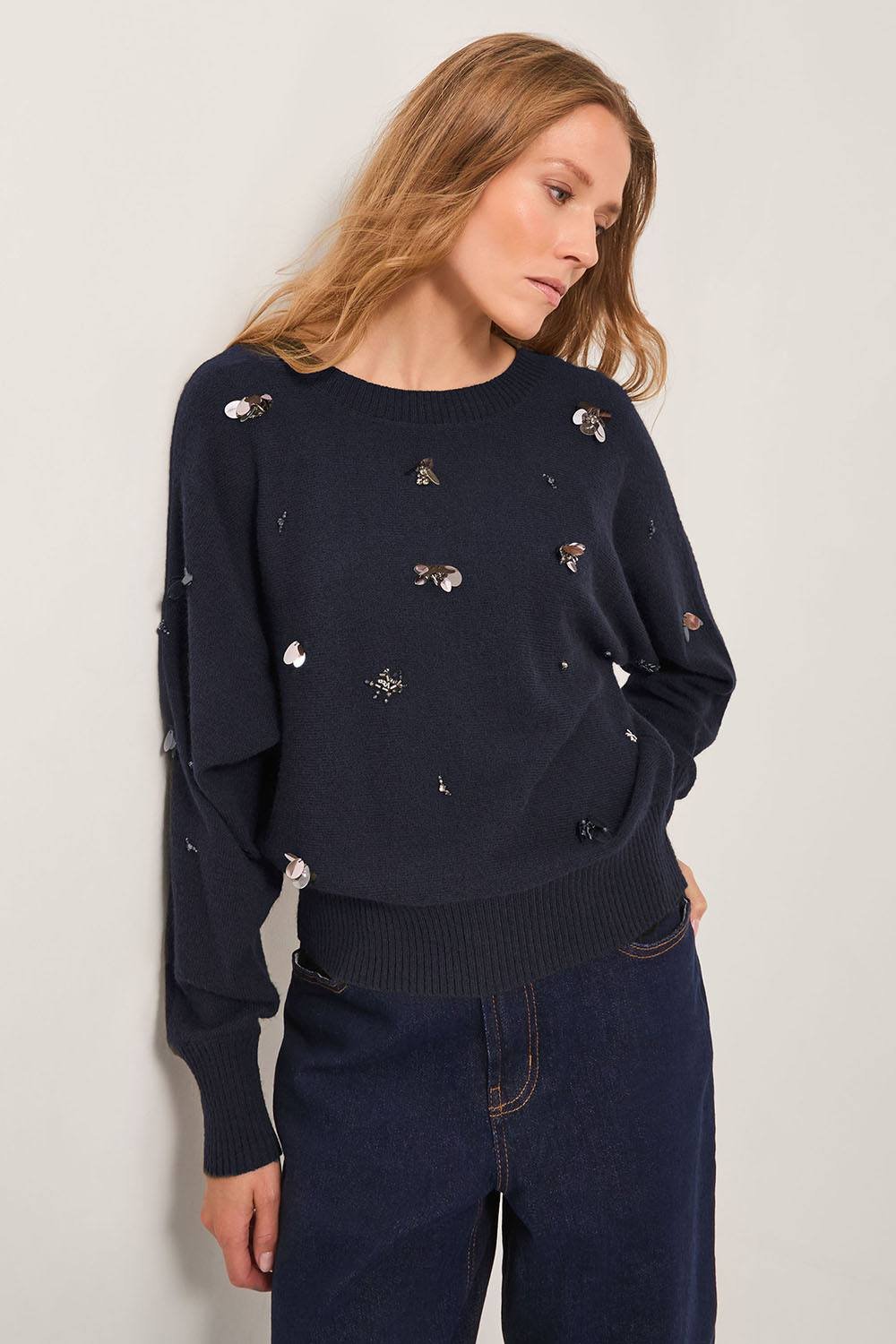 Monsoon Monsoon Women's Sable Sequin Embellished Jumper Blue in Dark Navy - 2