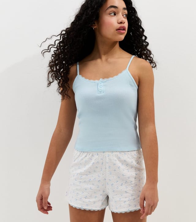 New Look Girls' Light Blue Cotton Floral Cami and Shorts Pyjama Set New Look - 2