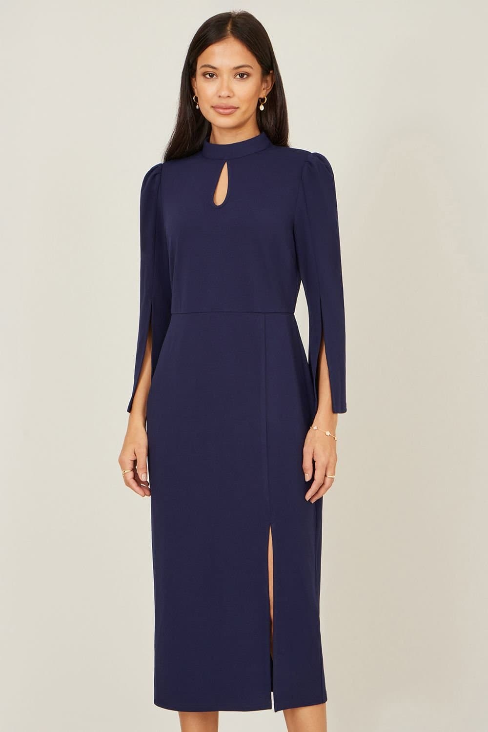 Yumi Yumi Women's Navy Fitted Midi Dress With Flute Sleeves