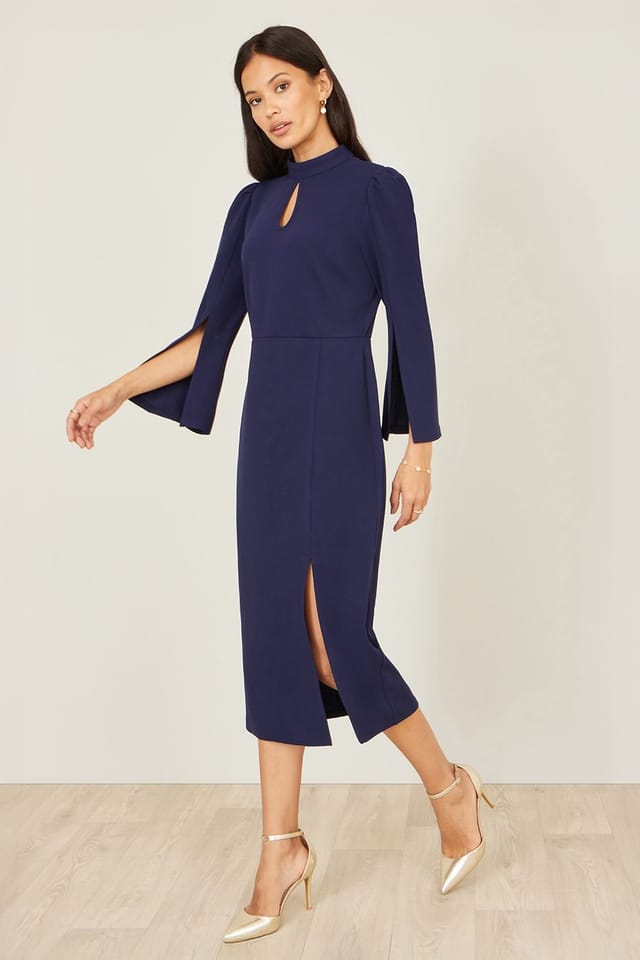 Yumi Yumi Women's Navy Fitted Midi Dress With Flute Sleeves - 2