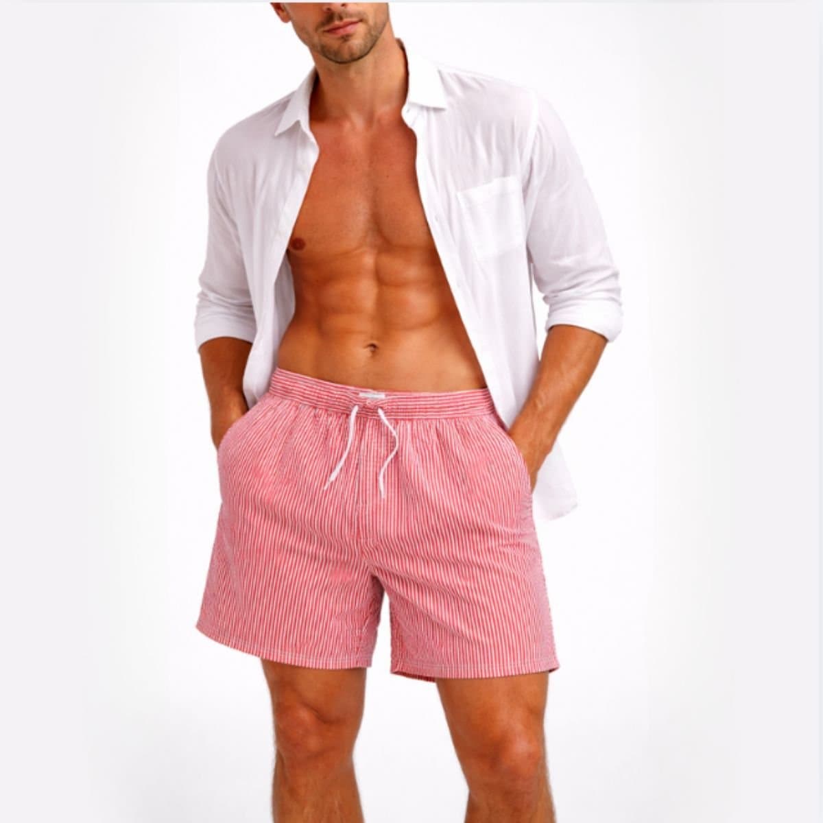 Panos Emporio Panos Emporio Men's Seersucker Swimshorts in Light Red & White