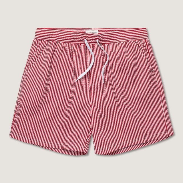 Panos Emporio Panos Emporio Men's Seersucker swimshorts in rede & white fine stripe & front tie in Light Red - 2