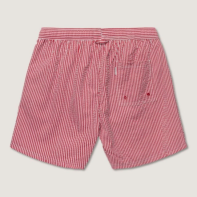 Panos Emporio Panos Emporio Men's Seersucker swimshorts in rede & white fine stripe & front tie in Light Red - 3