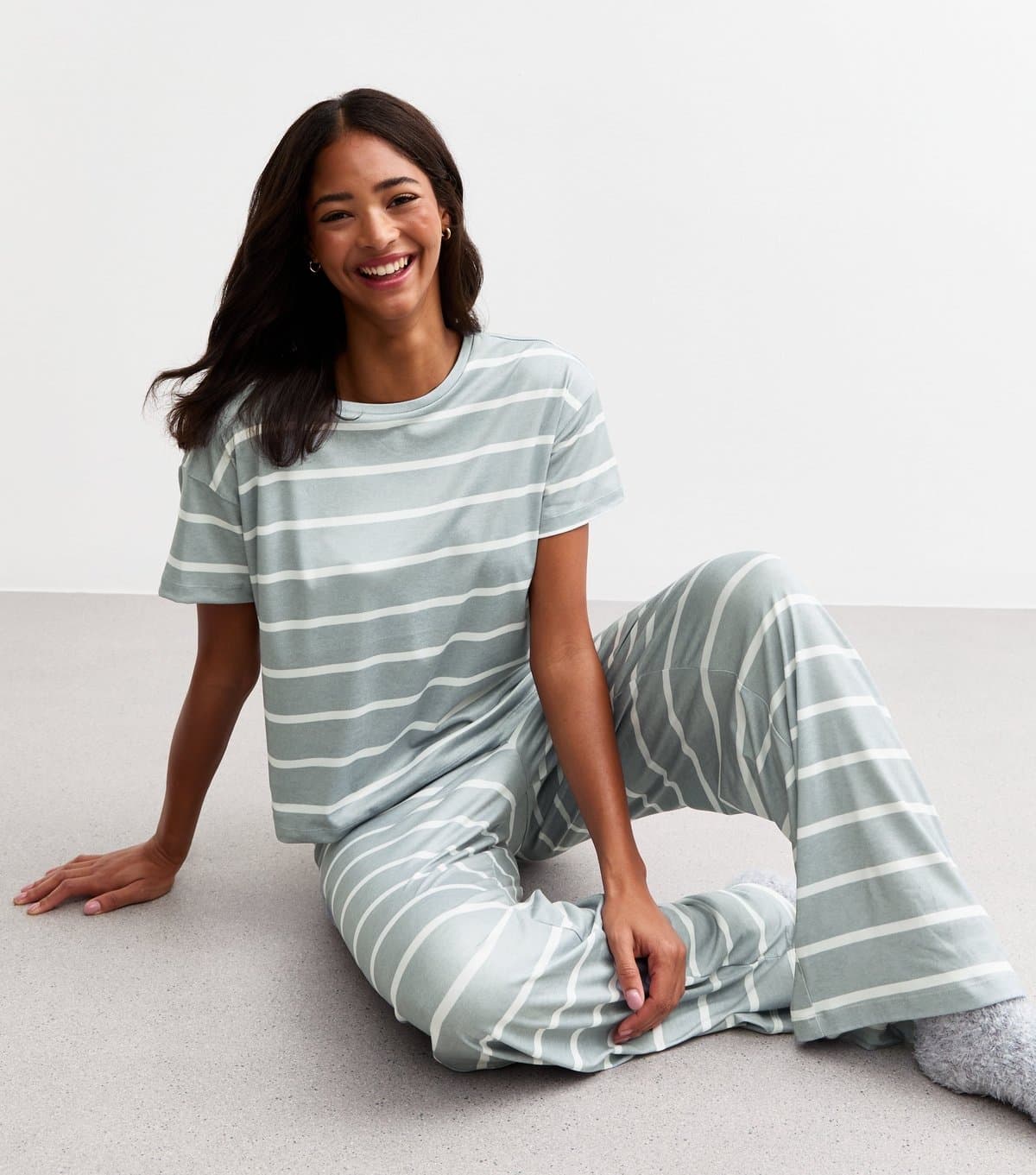 New Look Women's Grey Striped Long Pyjama Set New Look