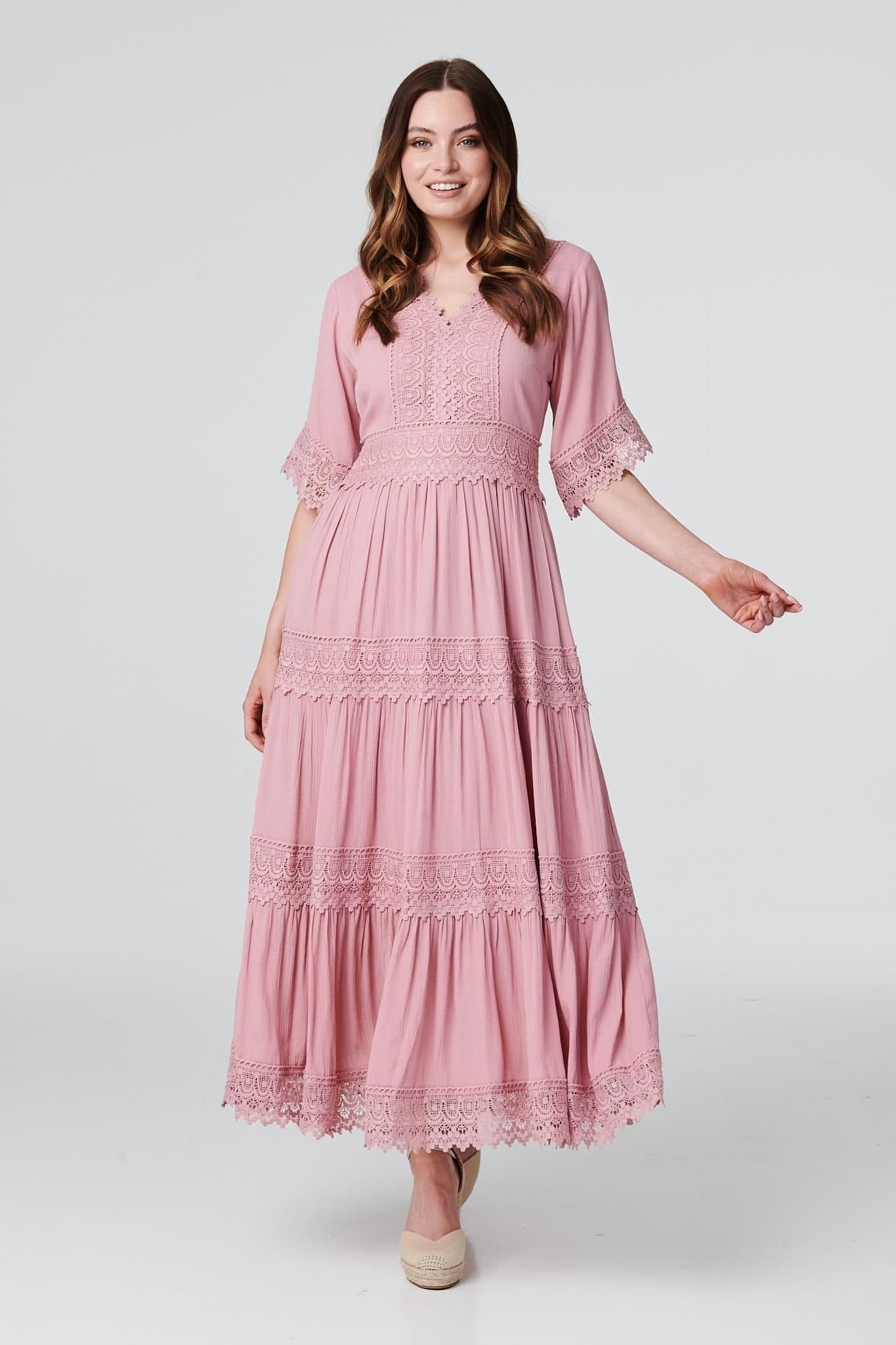 Izabel London Izabel London Women's Short Sleeve Crochet Maxi Dress in Pink