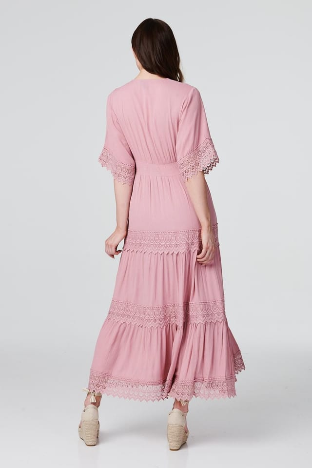 Izabel London Izabel London Women's Short Sleeve Crochet Maxi Dress in Pink - 3