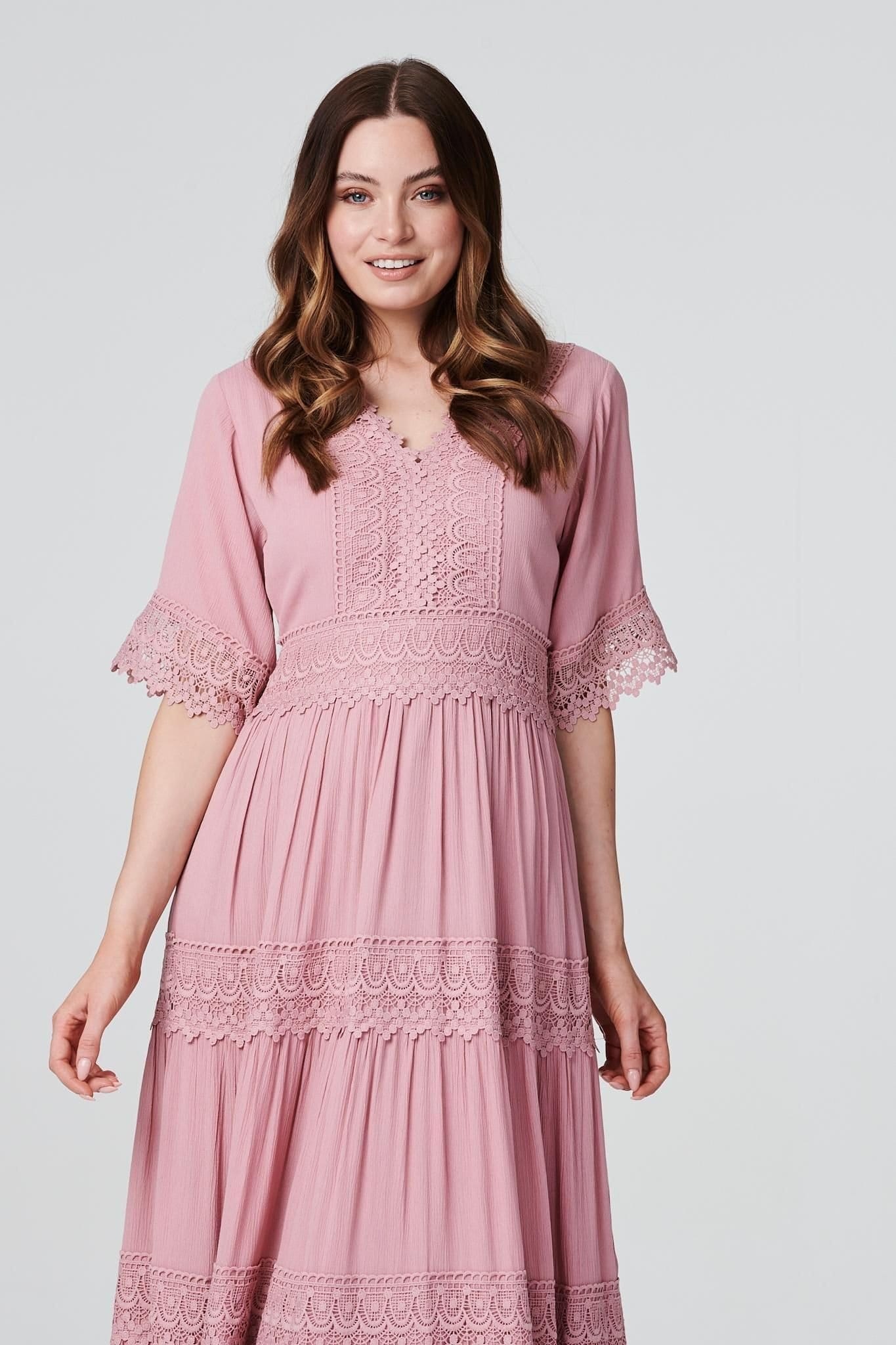 Izabel London Izabel London Women's Short Sleeve Crochet Maxi Dress in Pink - 4