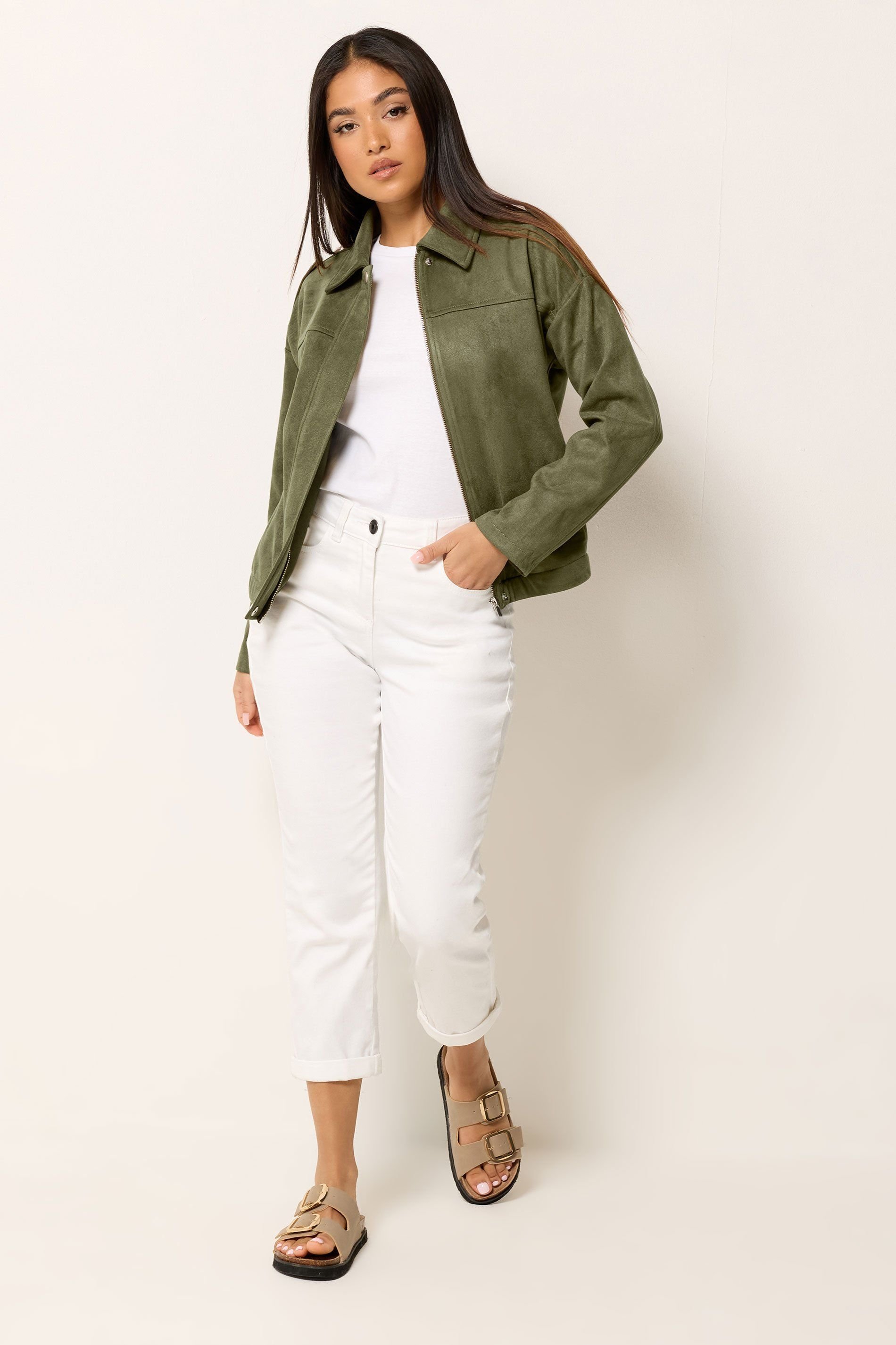 M&Co M&Co Women's Petite Faux Suede Bomber Jacket in Olive - 3