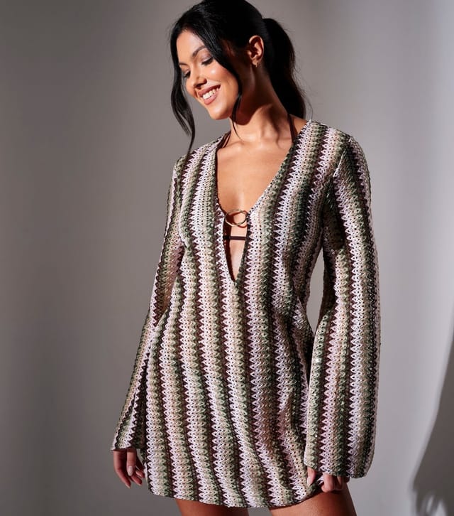 South Beach Women's Multi Colour Crochet Sequin Mini Kaftan Dress South Beach New Look - 3
