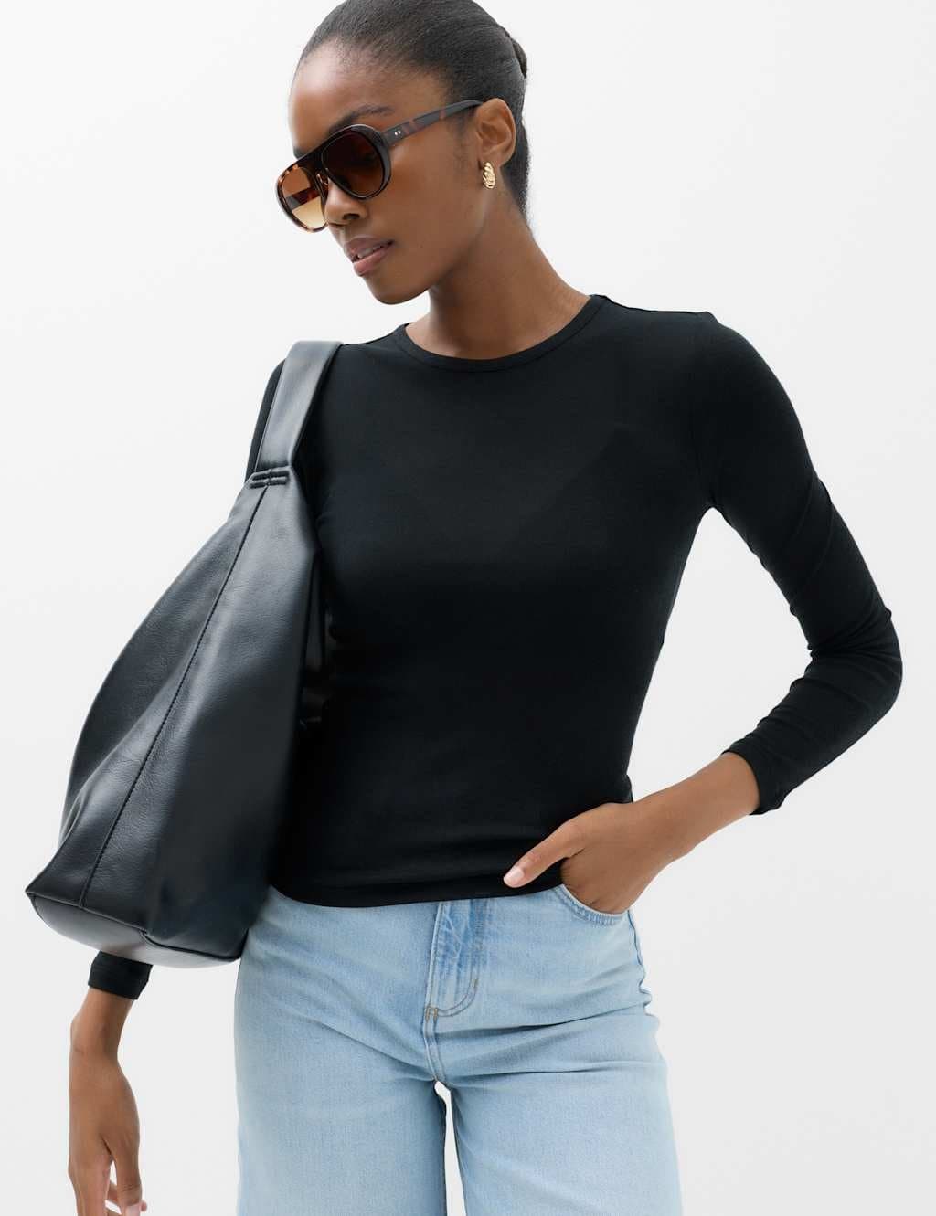 Marks & Spencer M&S Black Wool Long Sleeve Crew Neck Top