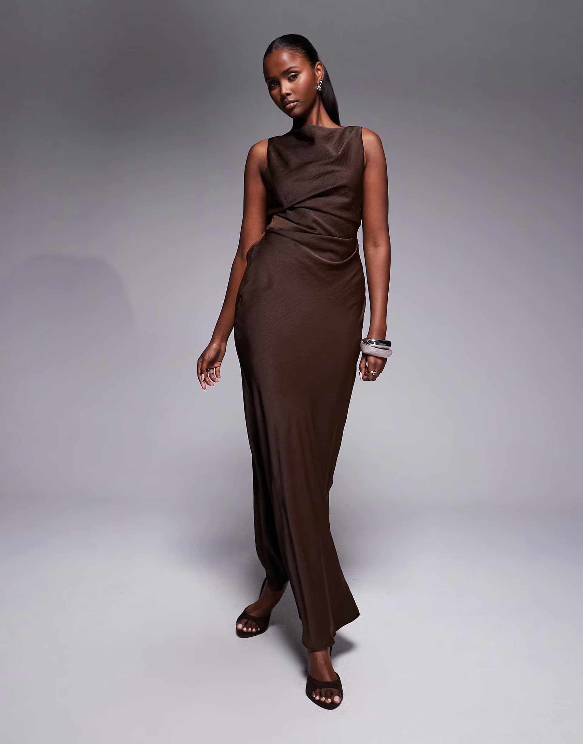 ASOS ASOS DESIGN satin drape bodice maxi dress with cowl back detail in chocolate