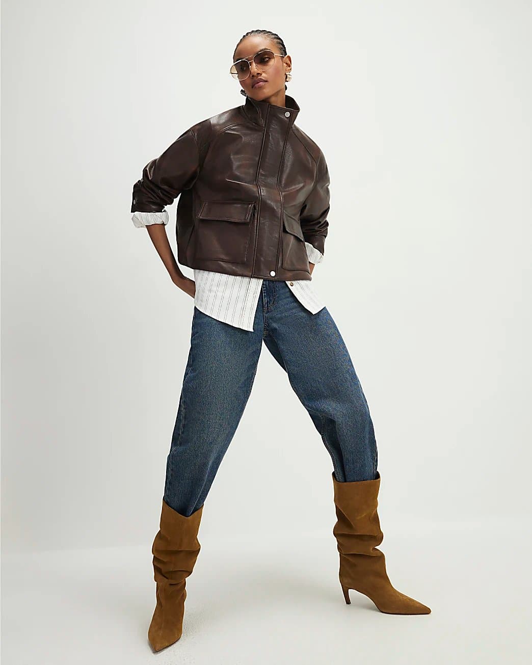 River Island River Island Womens Brown Faux Leather Funnel Neck Bomber Jacket