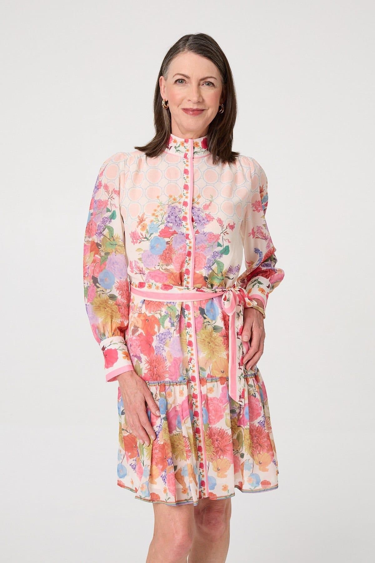 Izabel London Izabel London Women's Floral Frill Hem Knee Length Shirt Dress in Orange