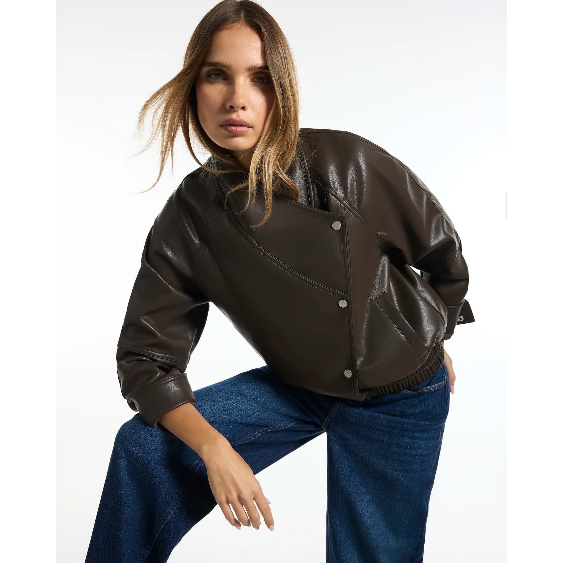 River Island River Island Womens Khaki Faux Leather Crossover Collar Jacket