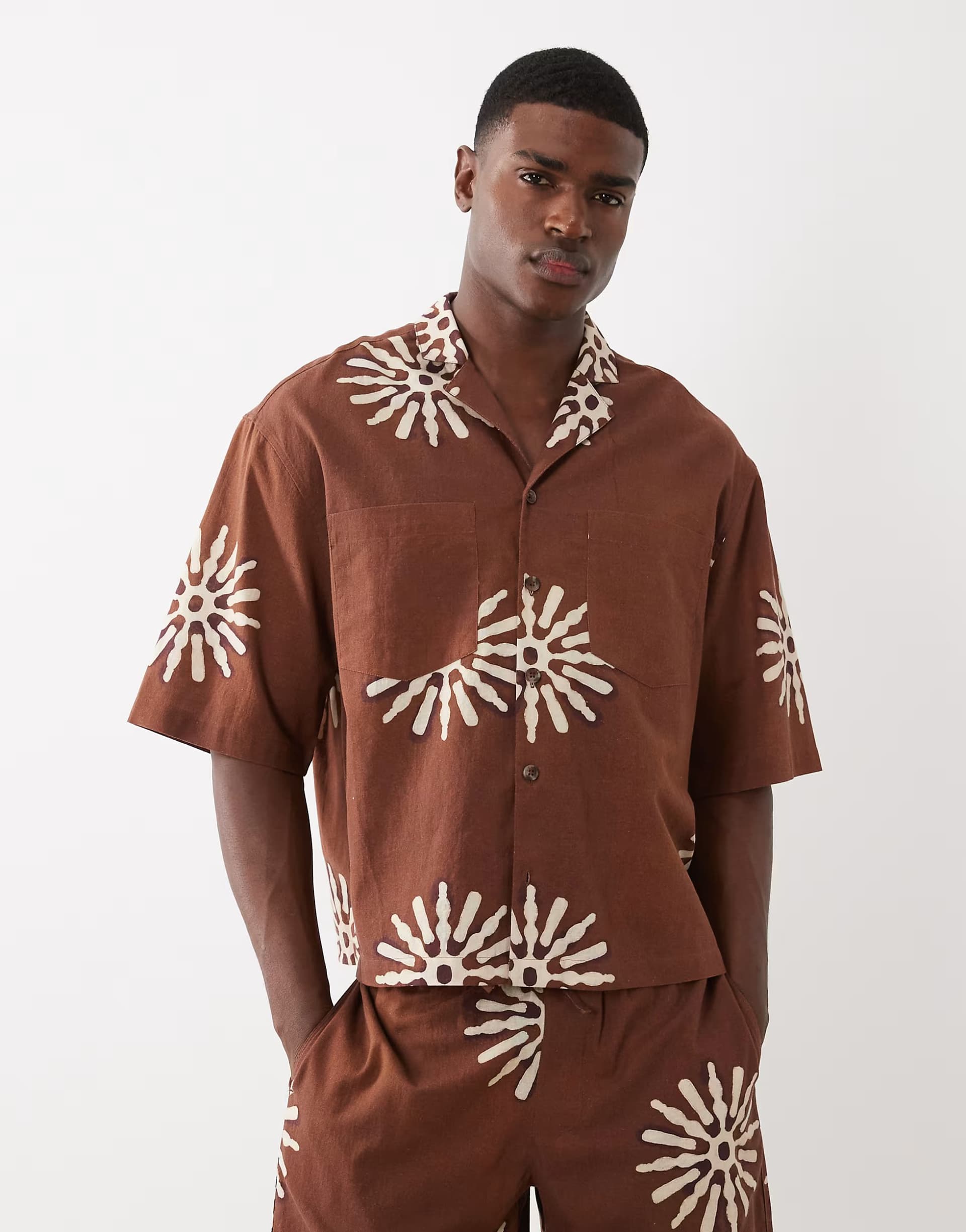 ASOS ASOS DESIGN co-ord boxy oversized revere shirt with linen in all over sun print in brown