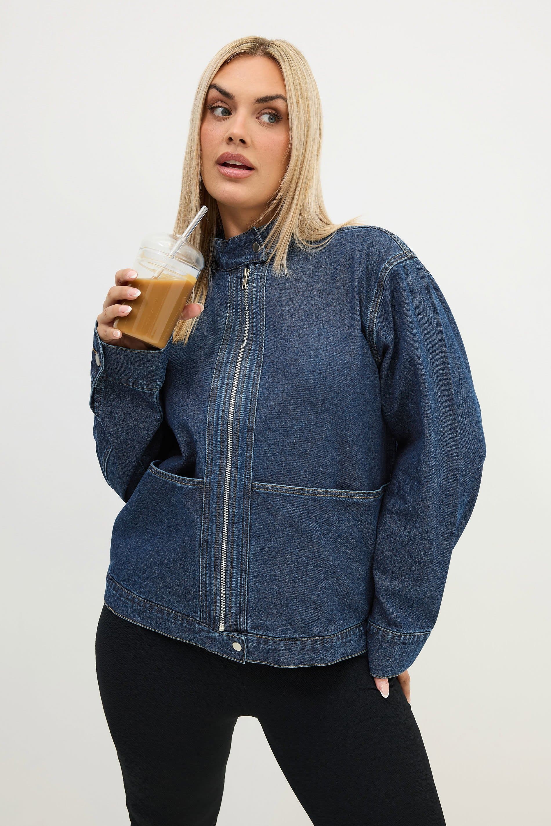 Limited Collection Plus Size Indigo Blue Funnel Neck Denim Jacket