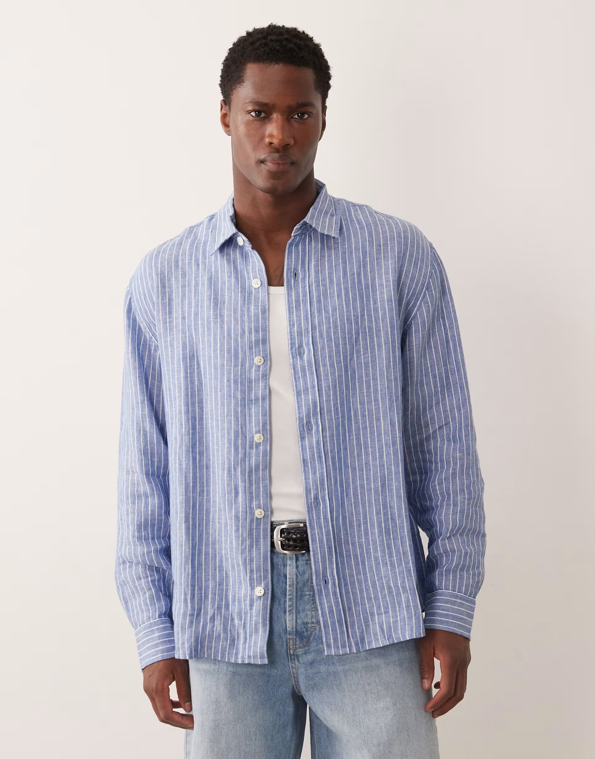 ASOS Abercrombie & Fitch long sleeve 100% linen shirt in blue stripe