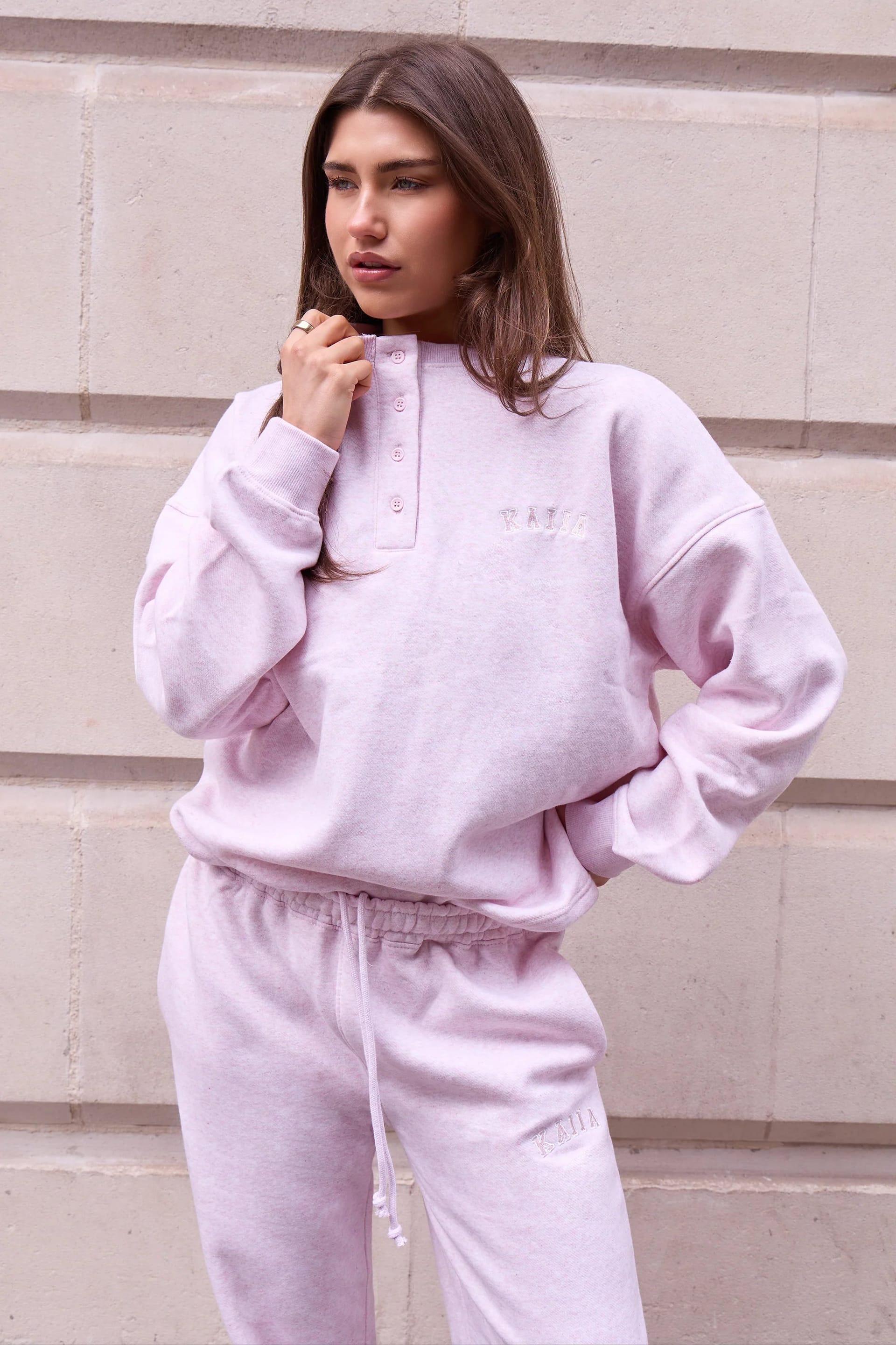 Kaiia Baby Pink Henley Sweatshirt