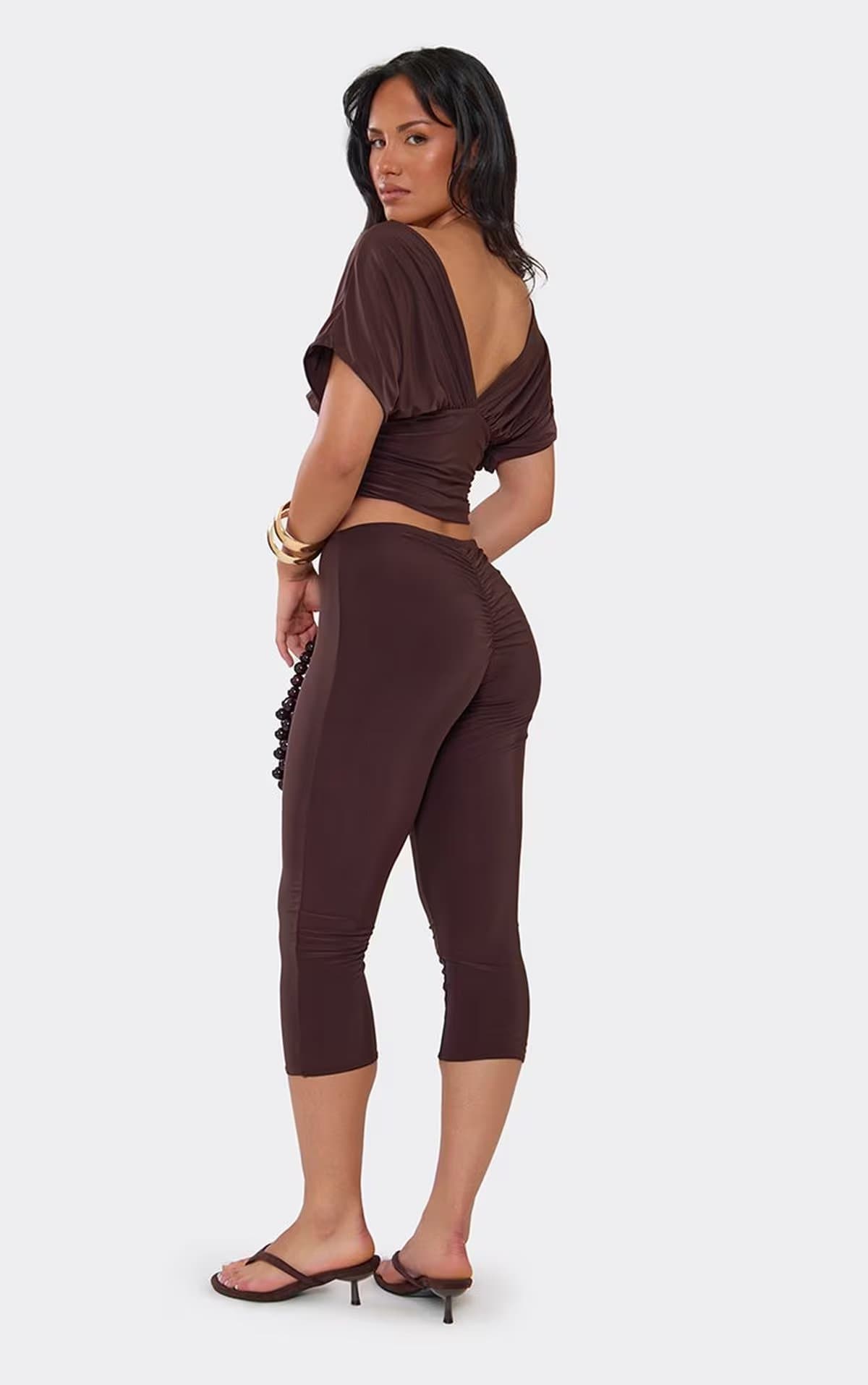 EGO Mid Rise Ruched Back Capri Trousers In Chocolate Brown Slinky., Women's Size UK 6