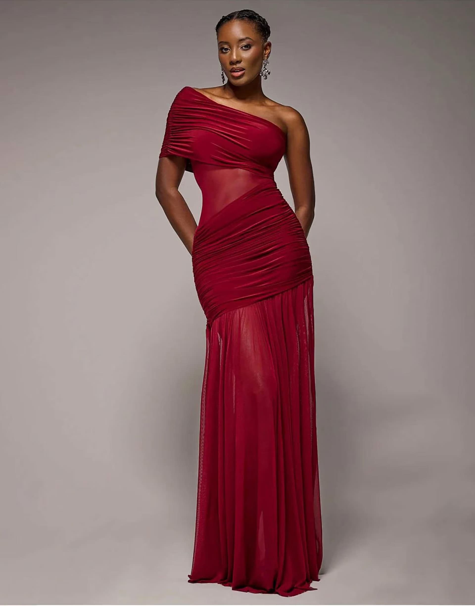 ASOS Goddiva Gathered one shoulder sheer panel maxi dress in wine