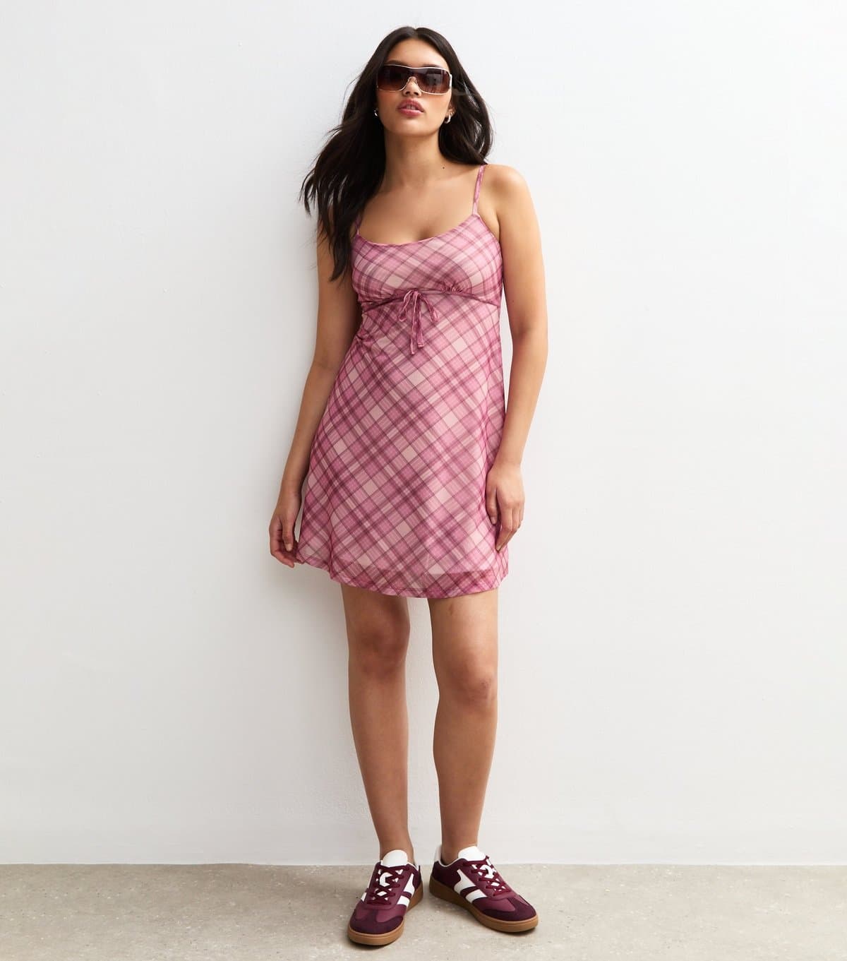 New Look Women's Pink Check Print Bow Trim Mesh Mini Dress New Look