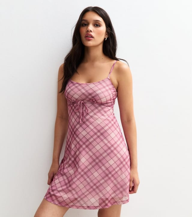 New Look Women's Pink Check Print Bow Trim Mesh Mini Dress New Look - 3