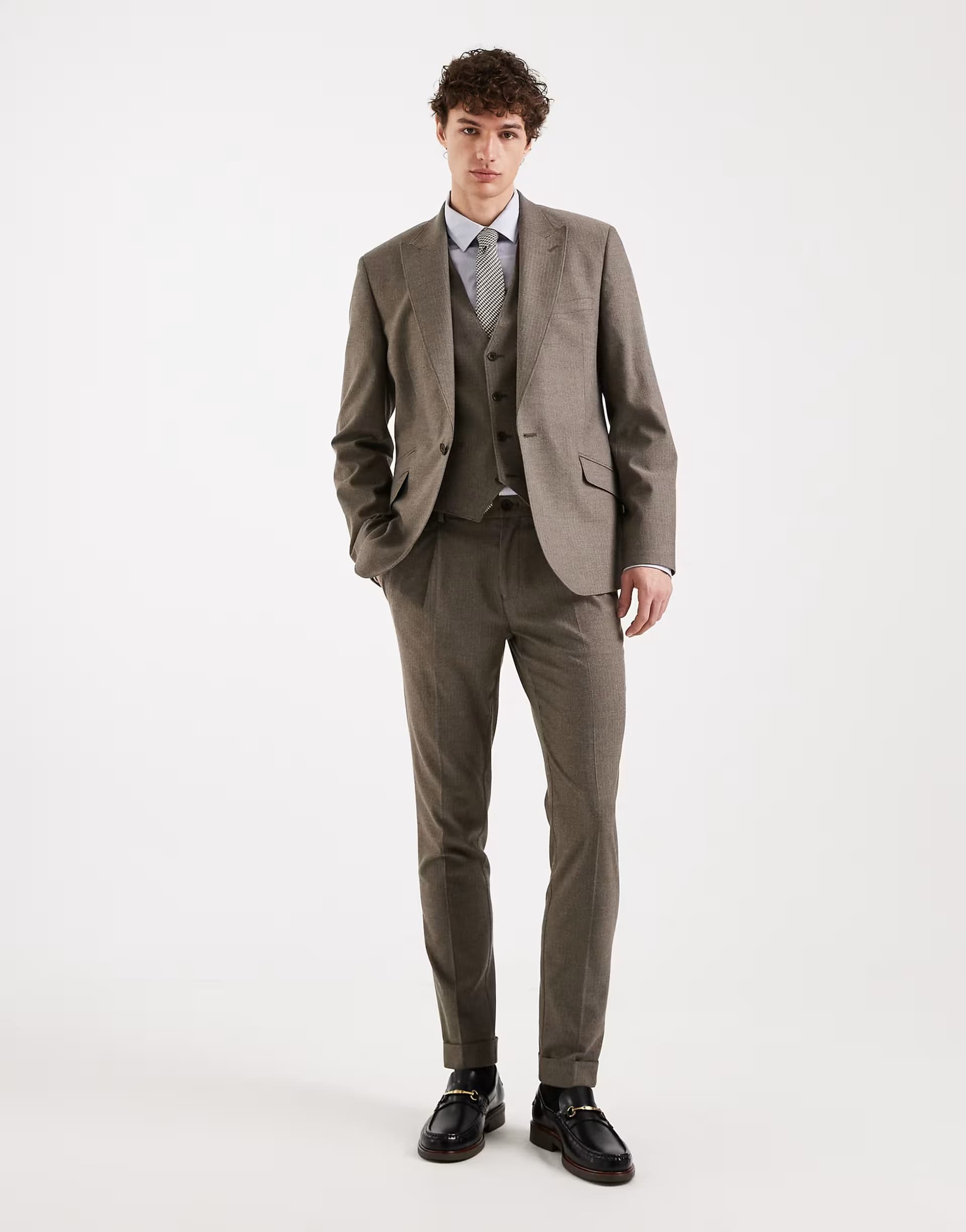 ASOS ASOS DESIGN skinny wool look suit trouser in khaki herringbone flannel