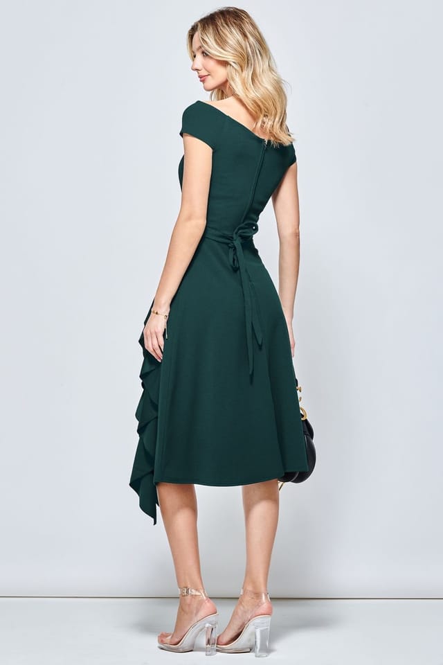 Jolie Moi Jolie Moi Women's Off Shoulder Frill Ponte Midi Dress in Bright Green - 2