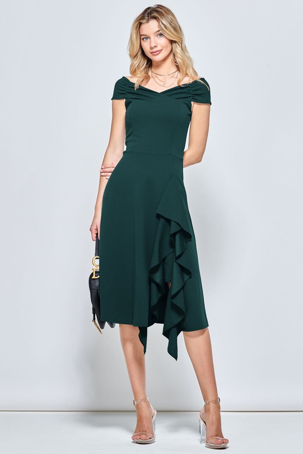 Jolie Moi Jolie Moi Women's Off Shoulder Frill Ponte Midi Dress in Bright Green - 4