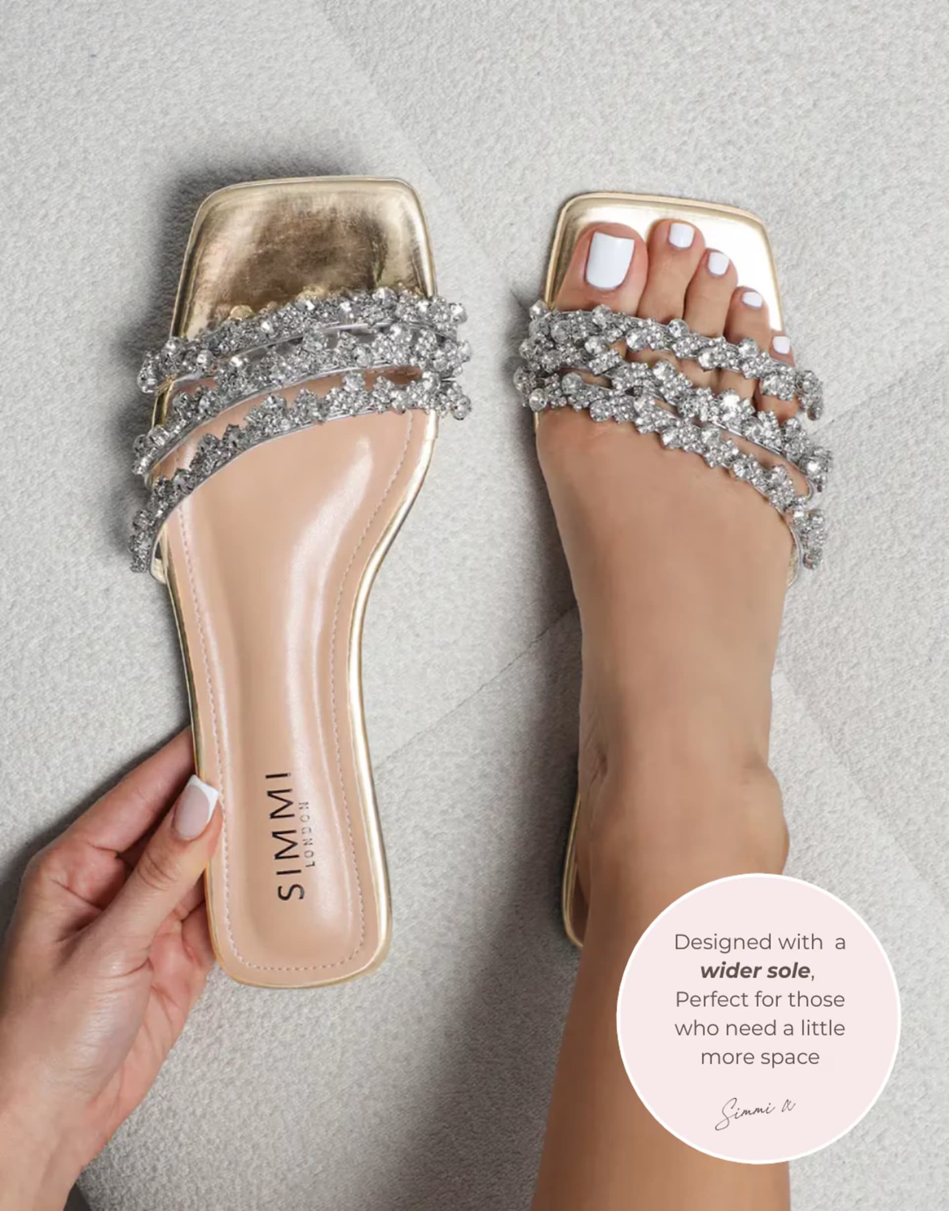 ASOS SIMMI Shoes Tapri wide fit diamante flat sandals in gold mirror