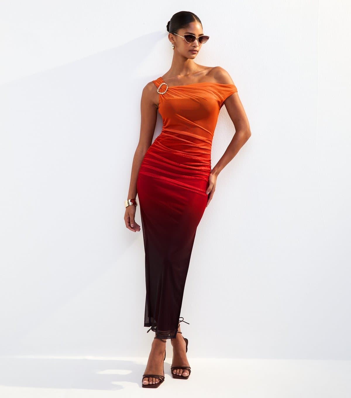 New Look Women's Orange Ombre Mesh Off Shoulder Midi Dress New Look
