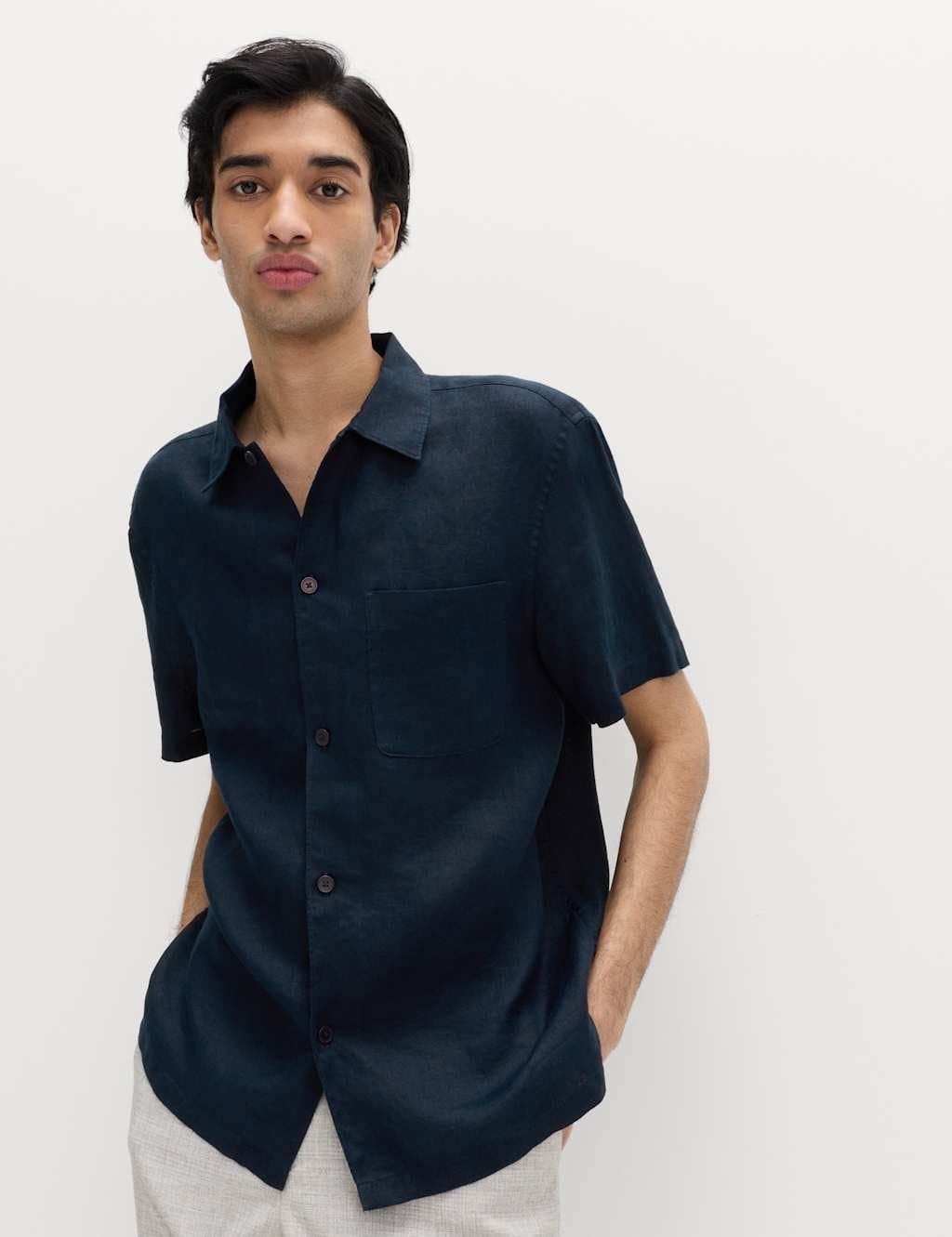 Marks & Spencer M&S Pure Linen Short Sleeve Shirt Navy
