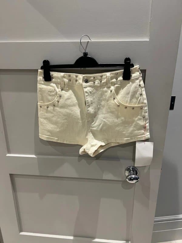 Never Fully Dressed Cream denim studded shorts