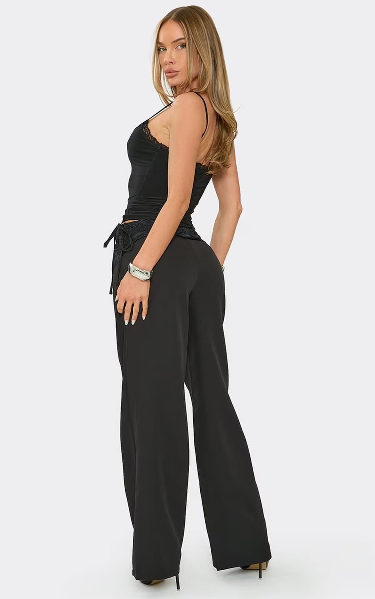 EGO Mid Rise Lace Belt Detail Wide Leg Trousers In Black, Women's Size UK 6