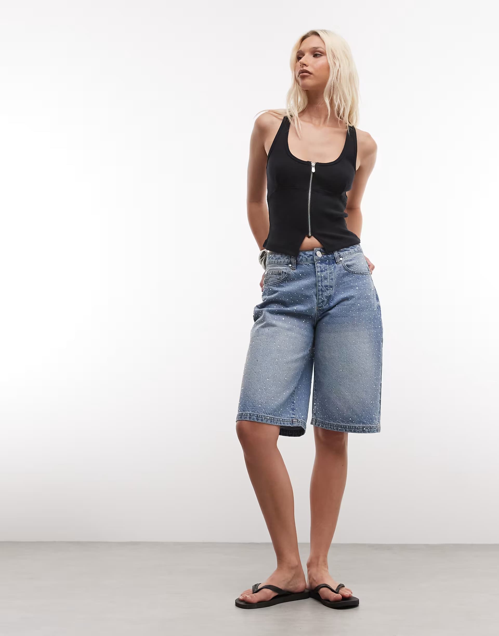 ASOS Liquor N Poker baggy all-over embellished rhinestone jorts in light blue wash