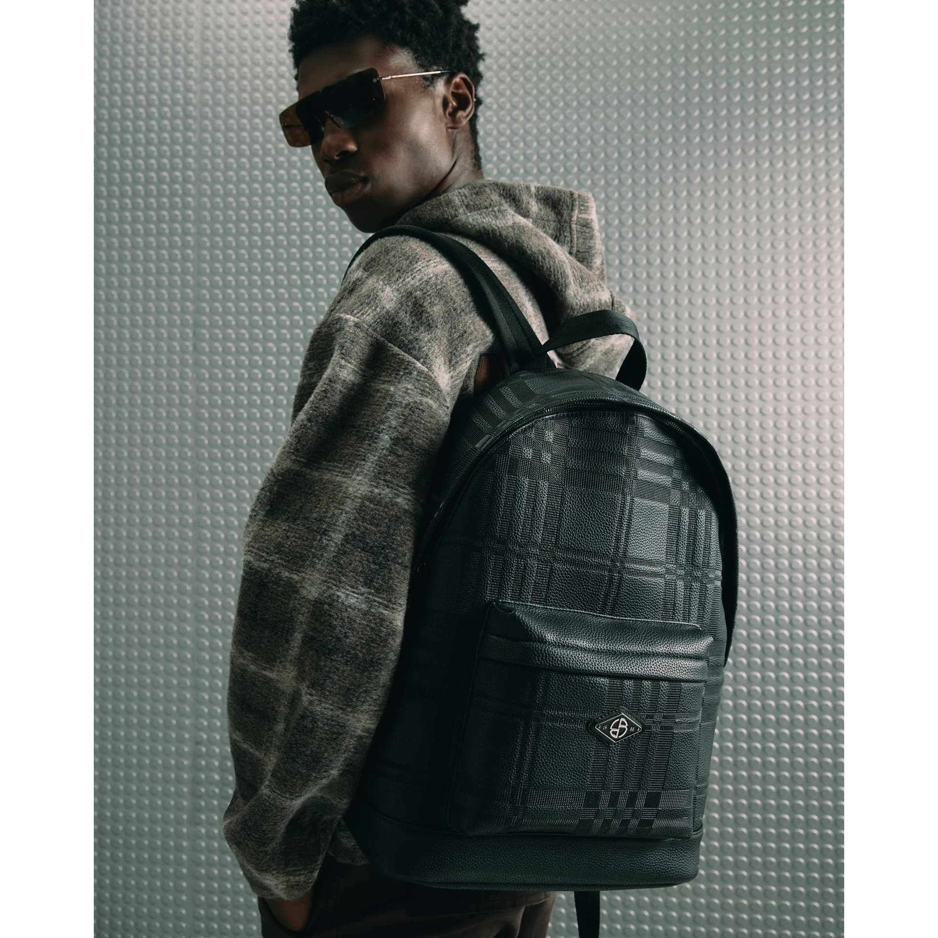 River Island Mens River Island Black Check Embossed Backpack