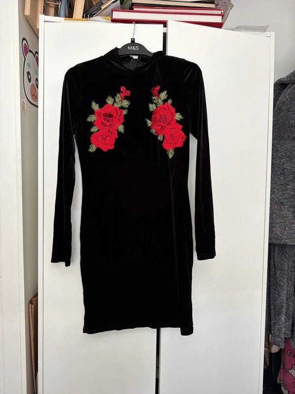 ASOS Black Velvet Rose-Embroidered Mini Dress