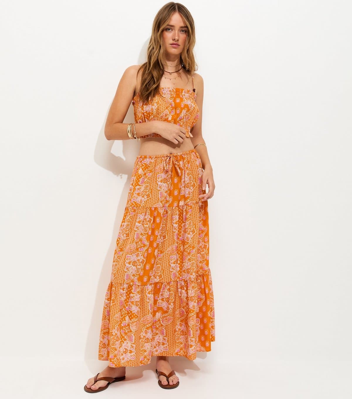 New Look Women's Orange Paisley Print Tiered Maxi Skirt New Look