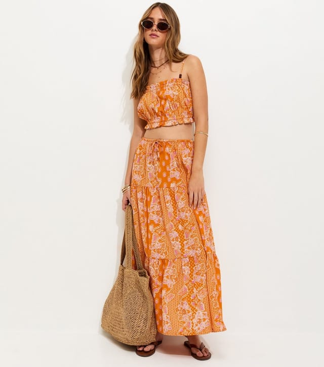 New Look Women's Orange Paisley Print Tiered Maxi Skirt New Look - 3