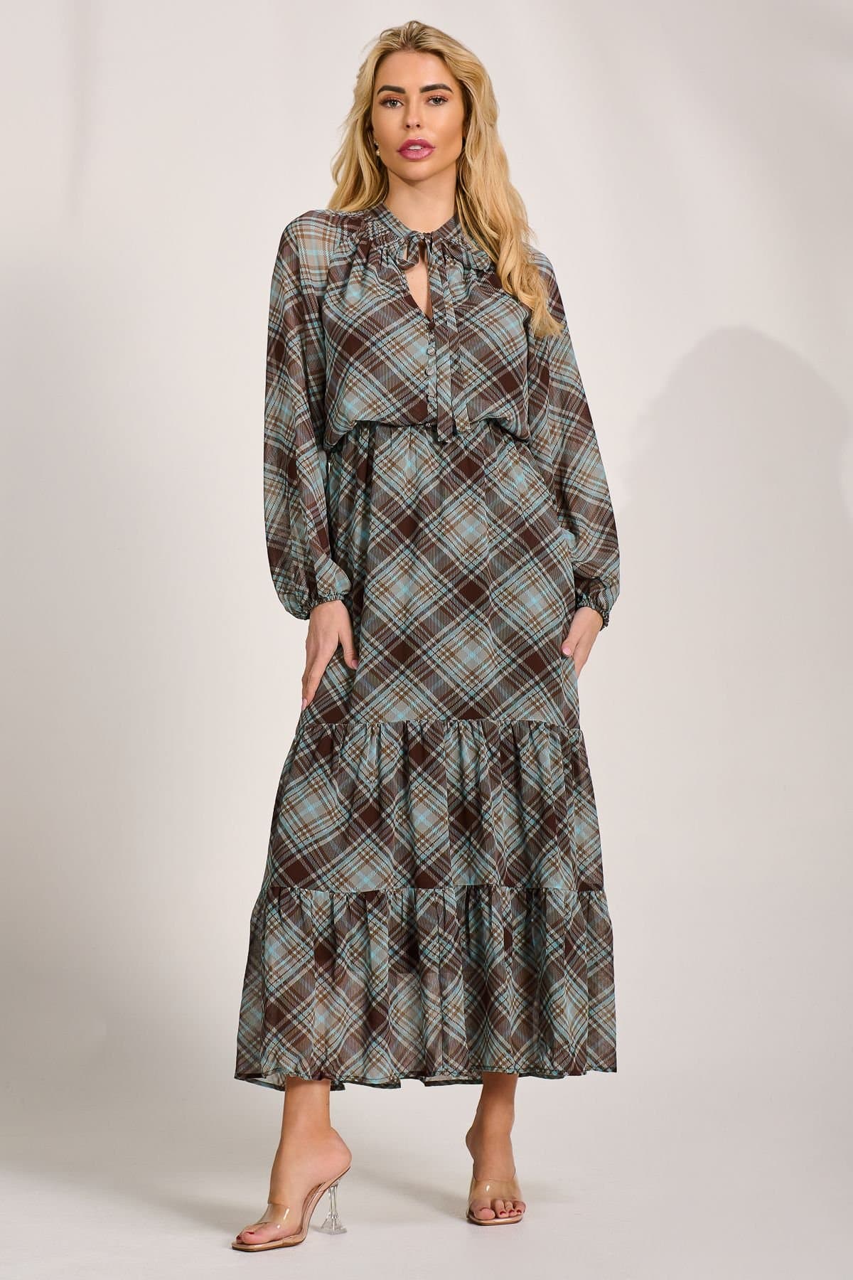 Jolie Moi Jolie Moi Women's Chiffon Long Sleeve Tiered Maxi Dress in Dark Brown